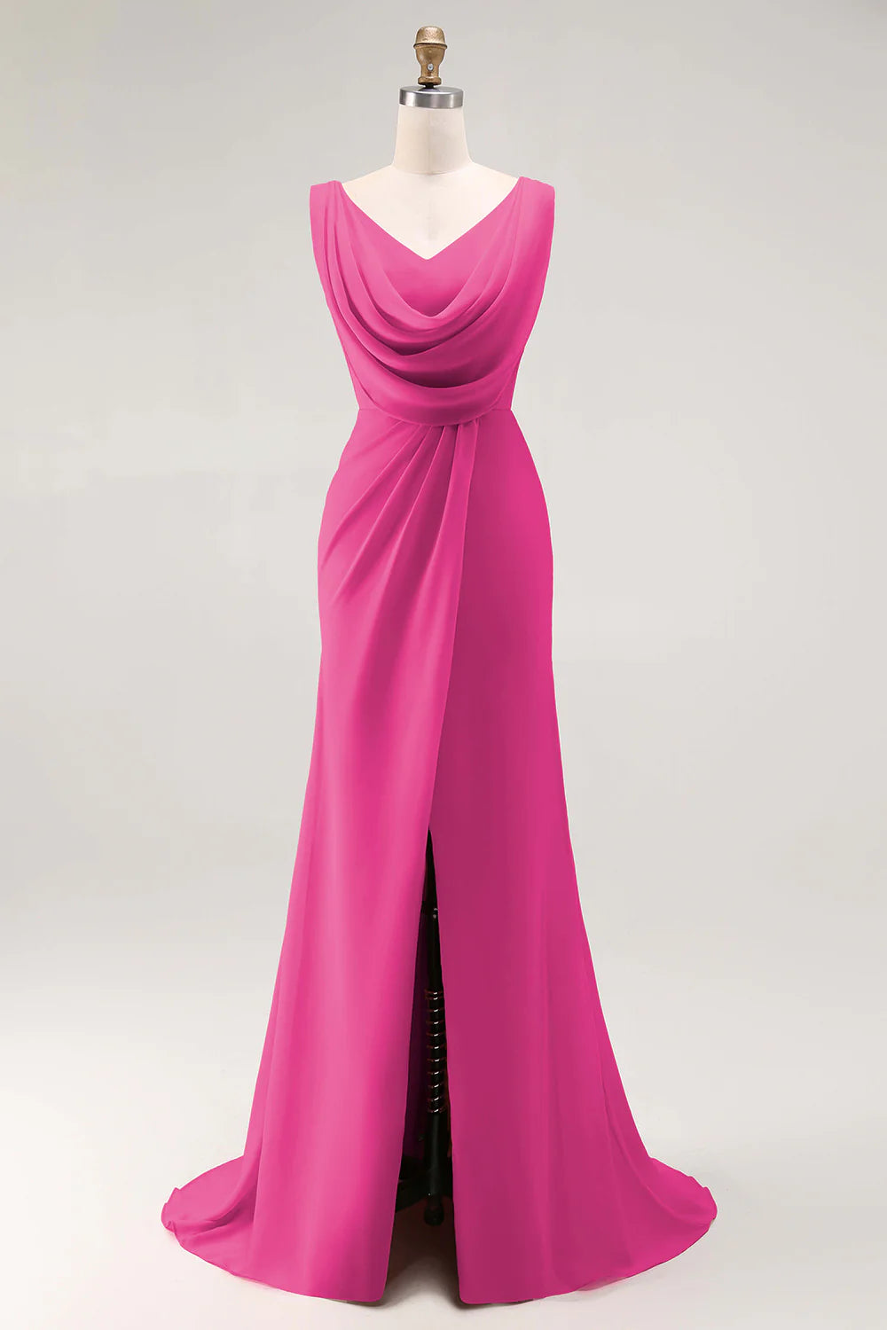 Blush Pink Sheath Lace Up Back Ruched Long Bridesmaid Dress with Slit