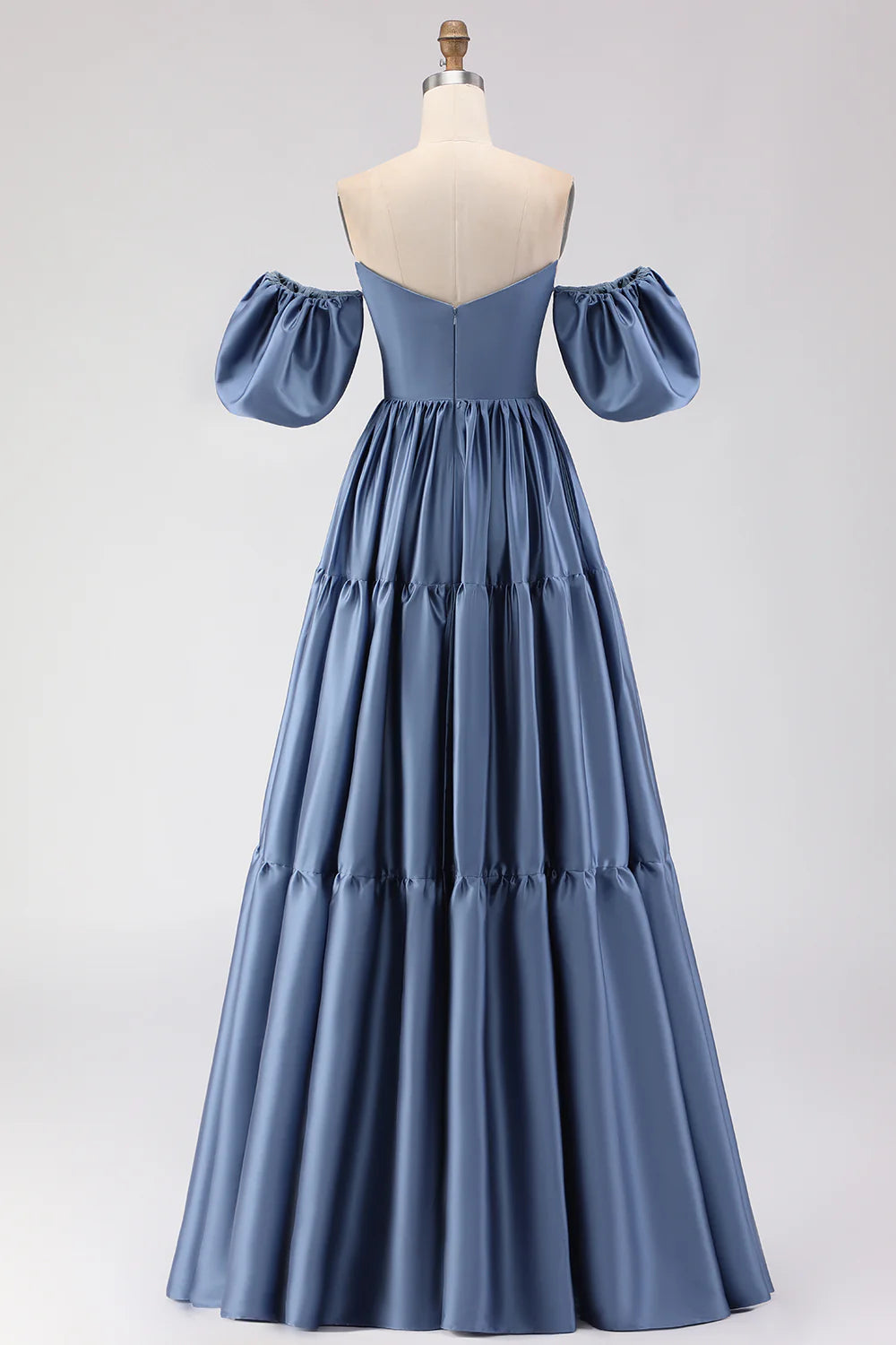 Off the Shoulder A Line Steel Blue Long Prom Dress with Removable Sleeves