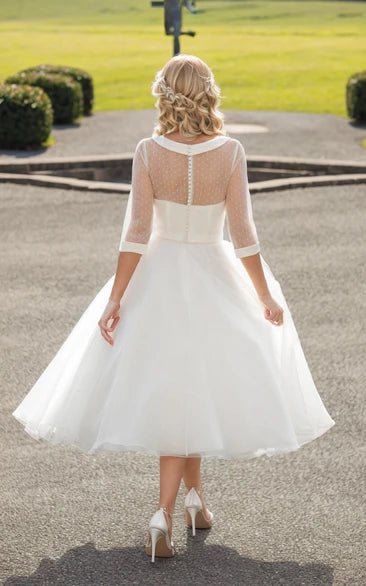 Tea Length A Line Bateau Neck Illusion Sleeve Bowed Tulle Wedding Dress