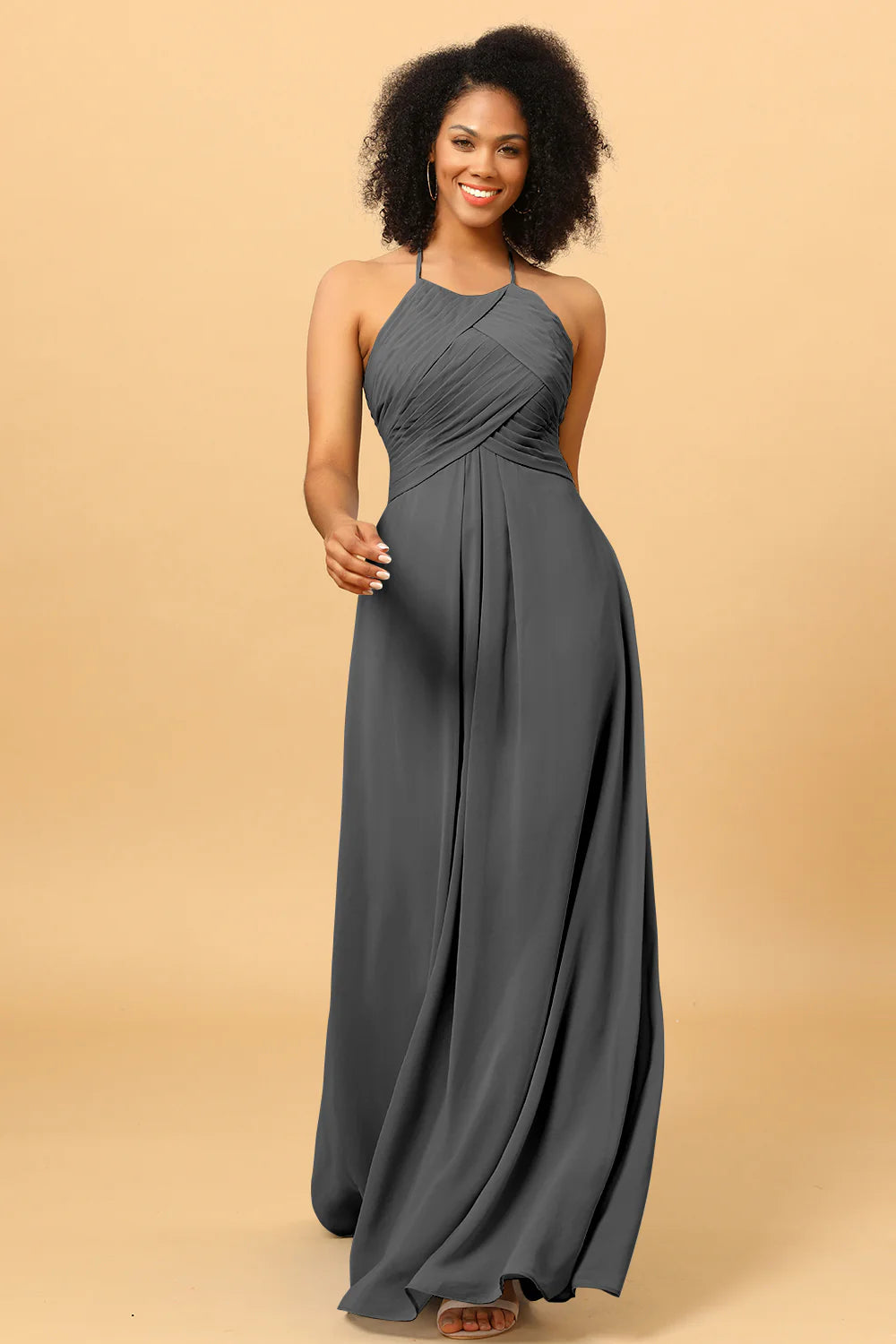 Sheath Halter Open Back Long Chiffon Bridesmaid Dress