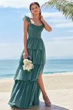 Eucalyptus A Line Tiered Ruched Corset Long Bridesmaid Dress with Slit