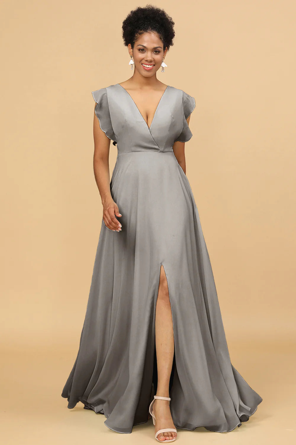 A Line V Neck Floor Length Chiffon Bridesmaid Dress with Slit
