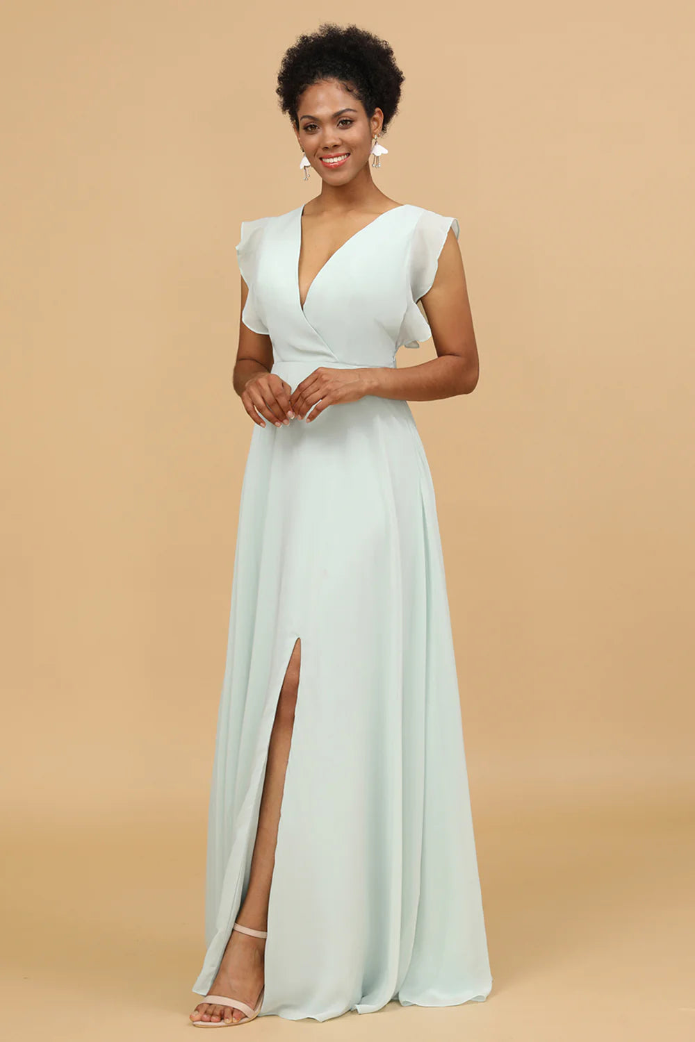 Mint V Neck Long Chiffon Bridesmaid Dress with Slit