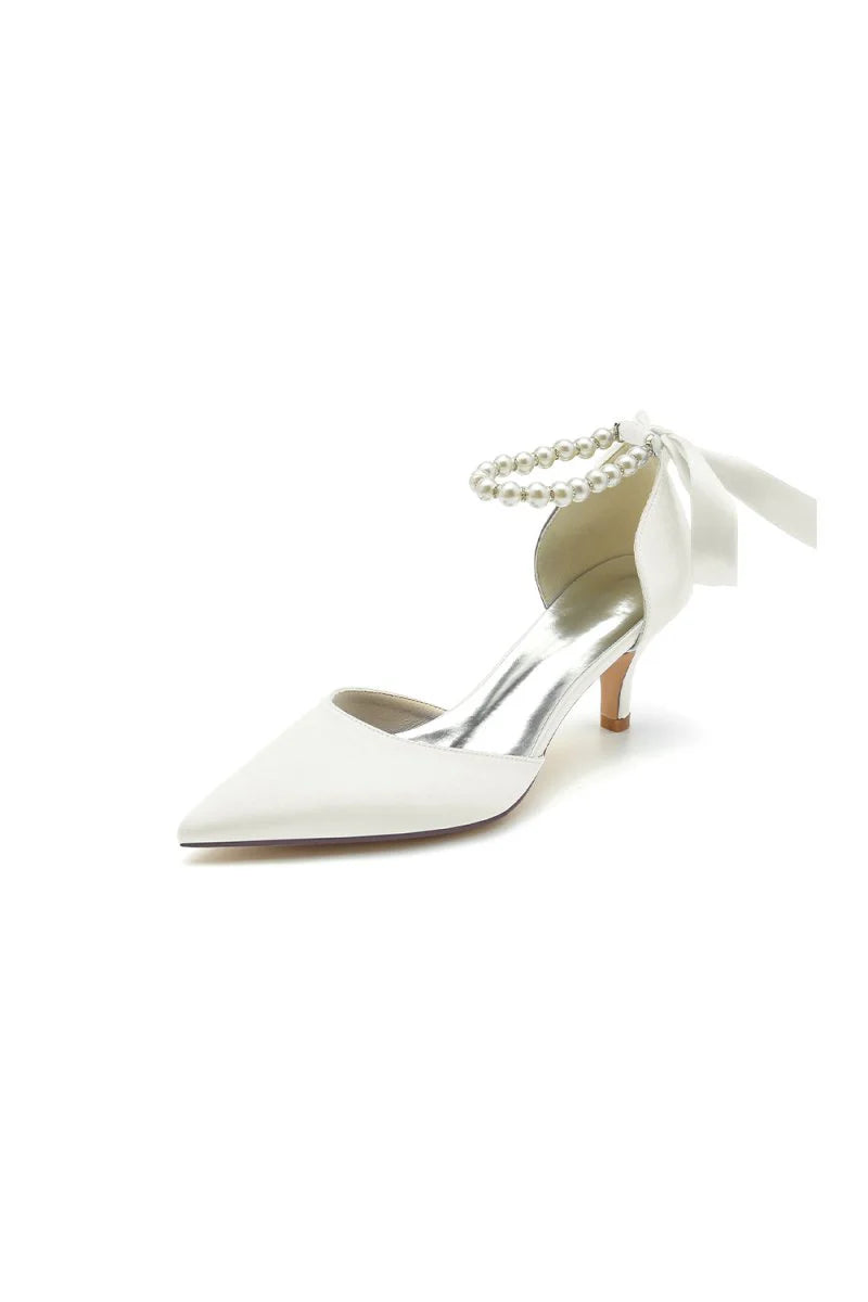 Pointed Toe Ribbons Faux Pearl Pumps