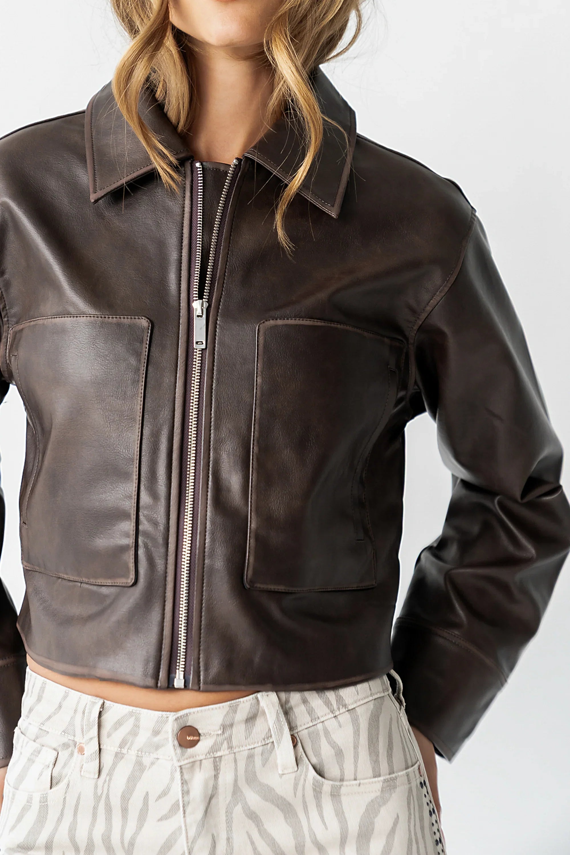 Jaymie Vegan Leather Jacket in Brown