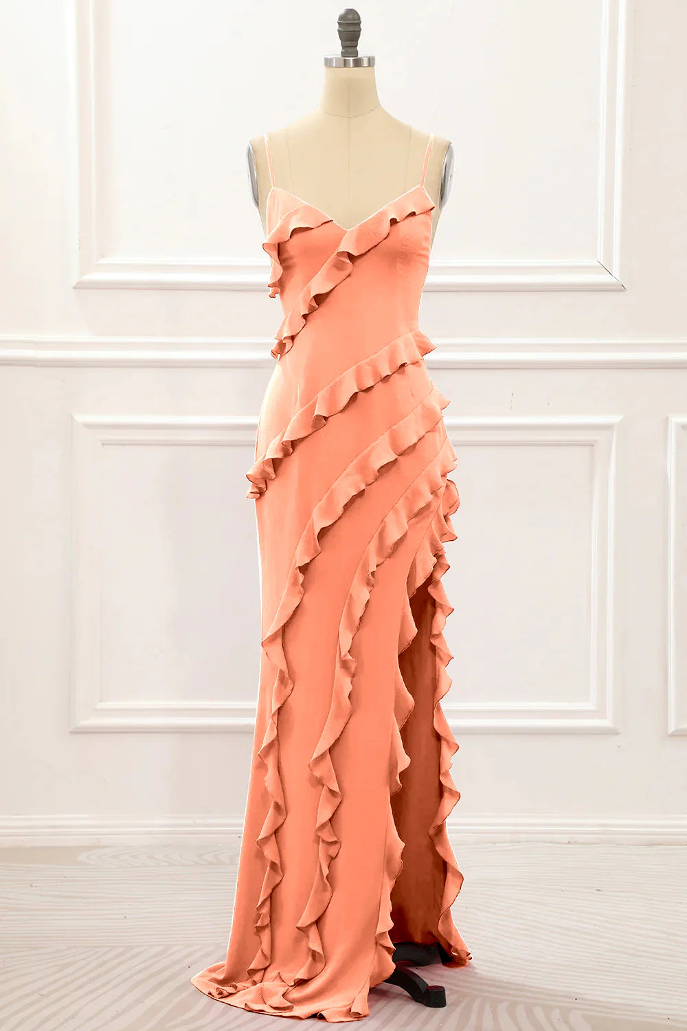 Spaghetti Straps Jade Tiered Mermaid Bridesmaid Dress With Slit