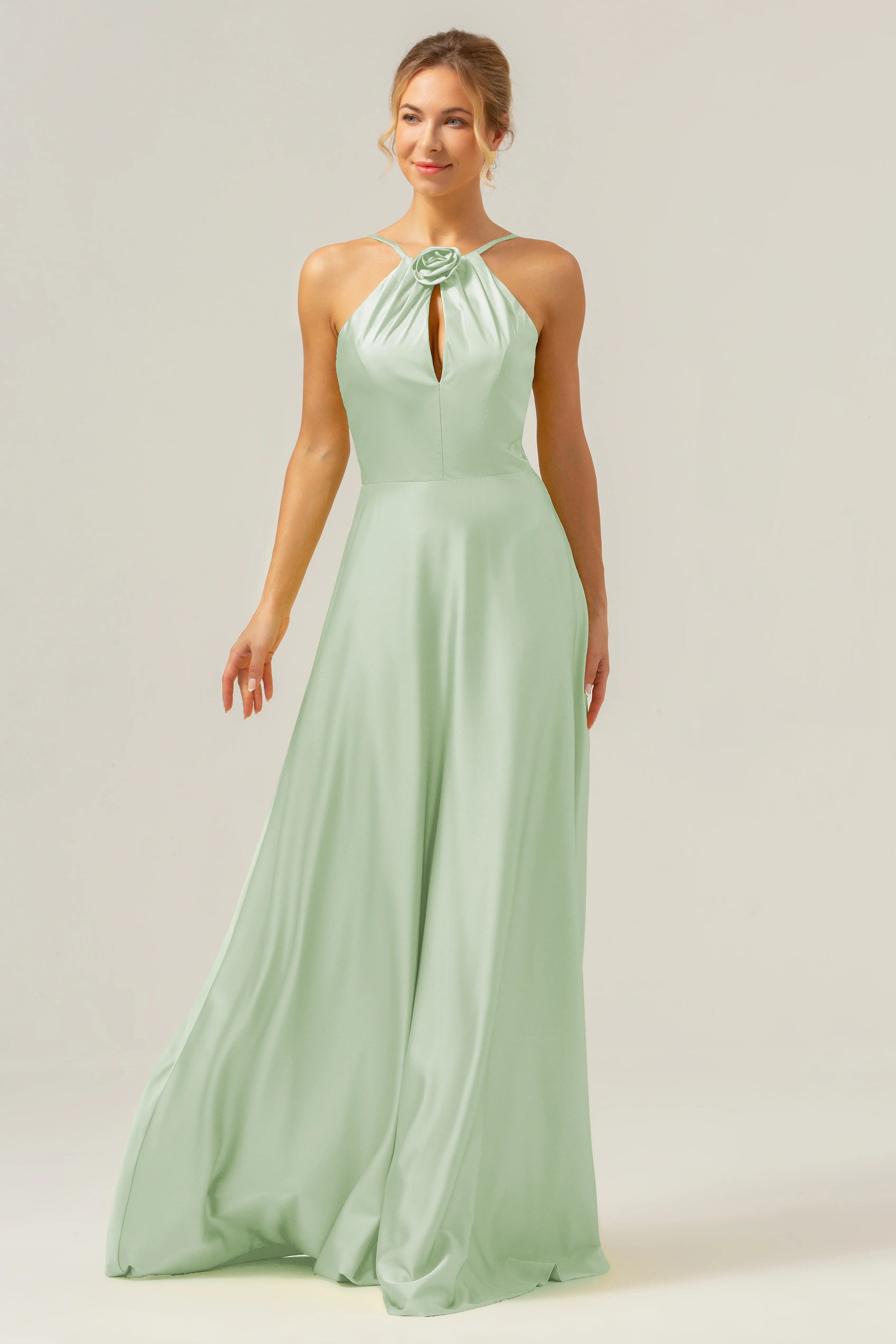 A Line Halter Ruched Satin Open Back Long Bridesmaid Dress with Flower