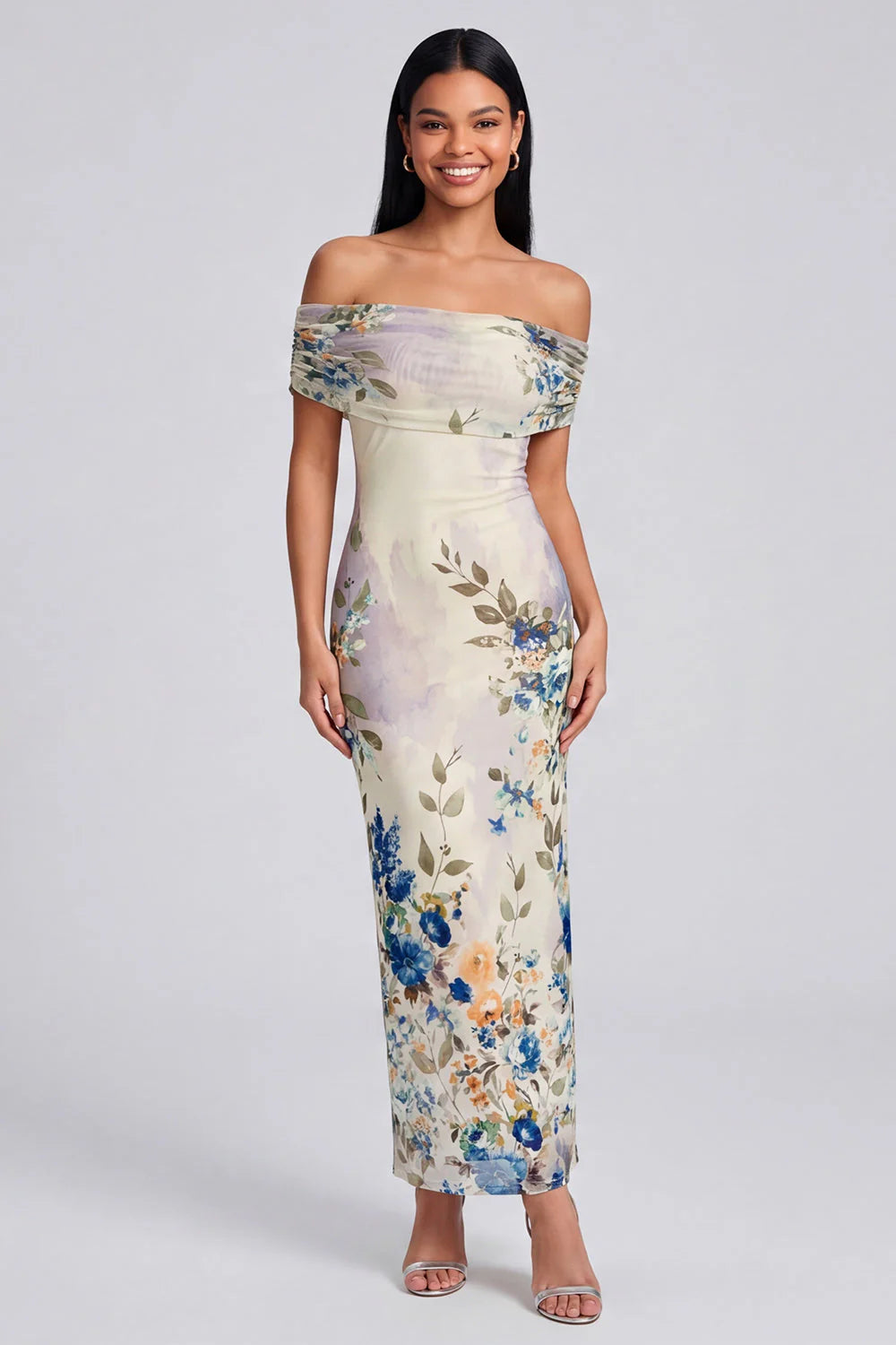 Off the Shoulder Ivory Sheath Floral Wedding Guest Dress