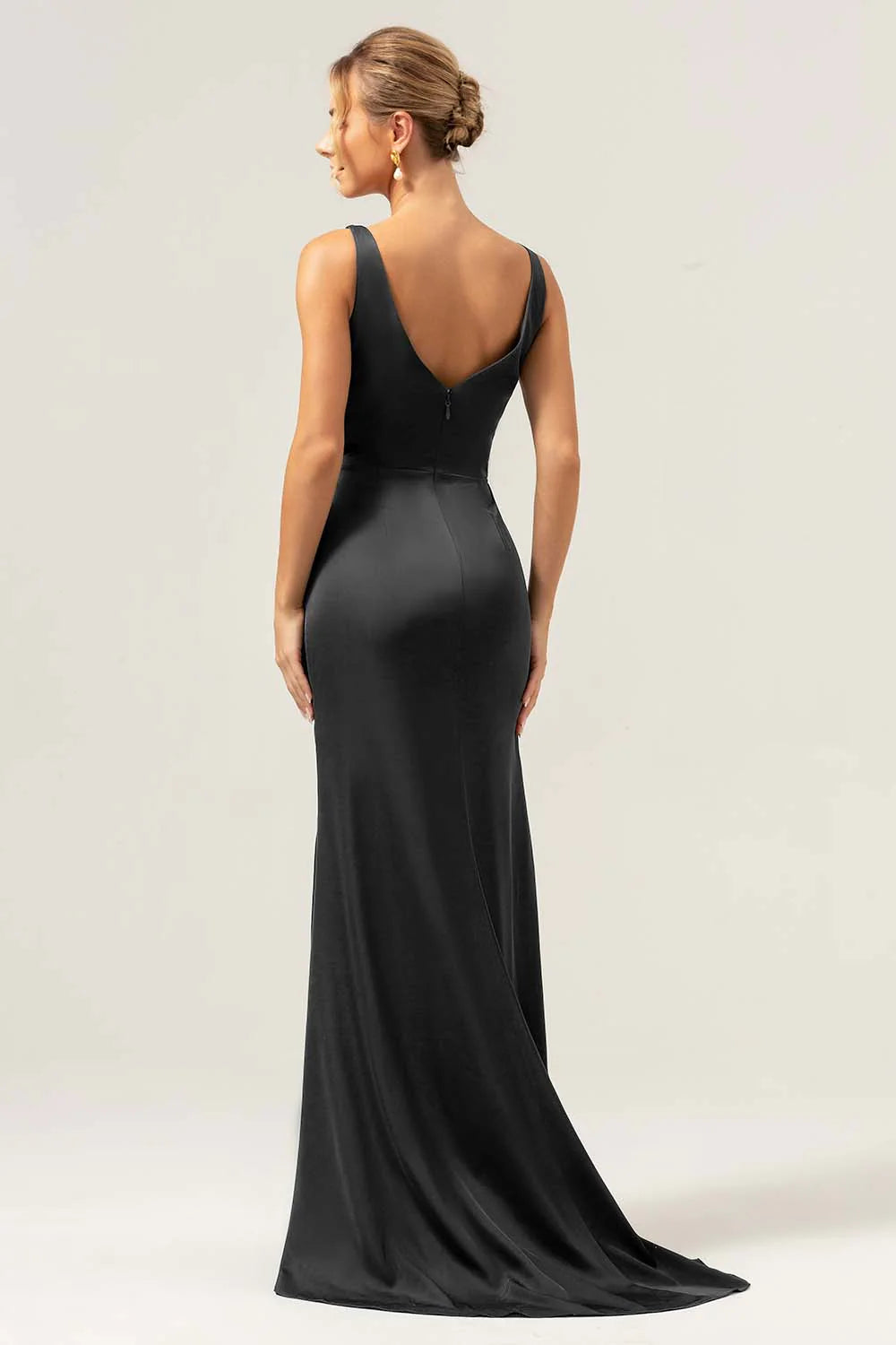 Burgundy Mermaid V Neck Ruched High Low Long Satin Bridesmaid Dress with Slit