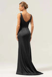 Burgundy Mermaid V Neck Ruched High Low Long Satin Bridesmaid Dress with Slit