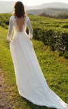 Modest A Line Long Sleeve Floor Length Train Simple Casual Chiffon Bateau V Back Wedding Dress