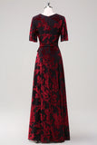 Burgundy Burnout Velvet A Line V Neck Maxi Dress with Short Sleeves