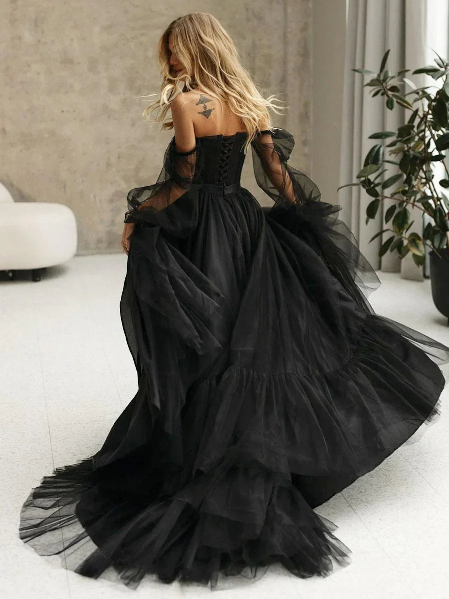 Mirabella Black Corset A Line Long Sleeves Wedding Dresses With Off The Shoulder