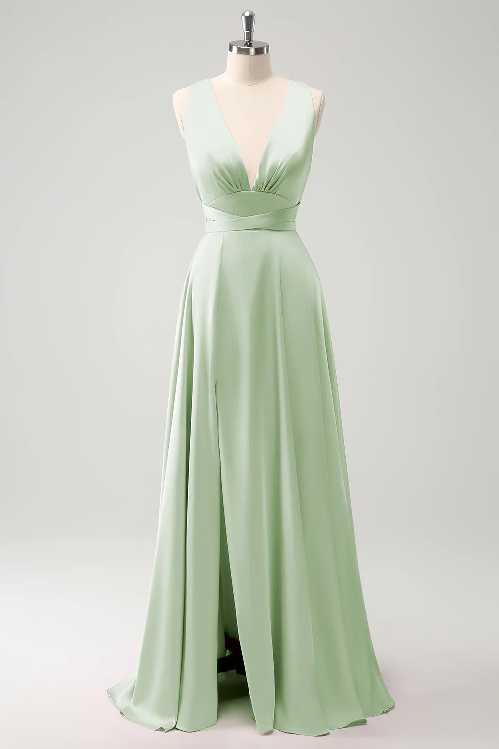 Burgundy A Line Deep V Neck Backless Long Bridesmaid Dress with Slit
