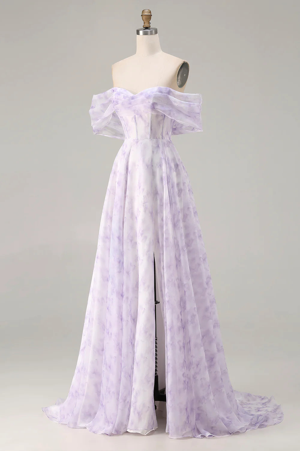 Lilac Off The Shoulder A Line Corset Print Floral Long Prom Dress with Slit