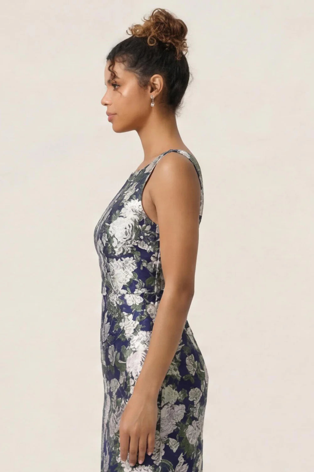 Navy Flower Sheath Printed Ankle Length Wedding Guest Dress with Slit