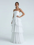 Cute A Line Chiffon Strapless Tiered Wedding Dresses