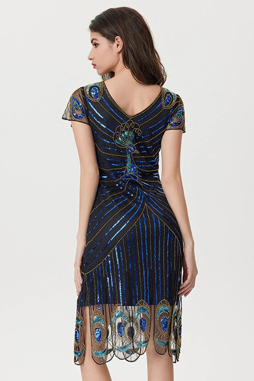 Sparkly Black Blue Sheath Sequins V Neck 1920s Dress