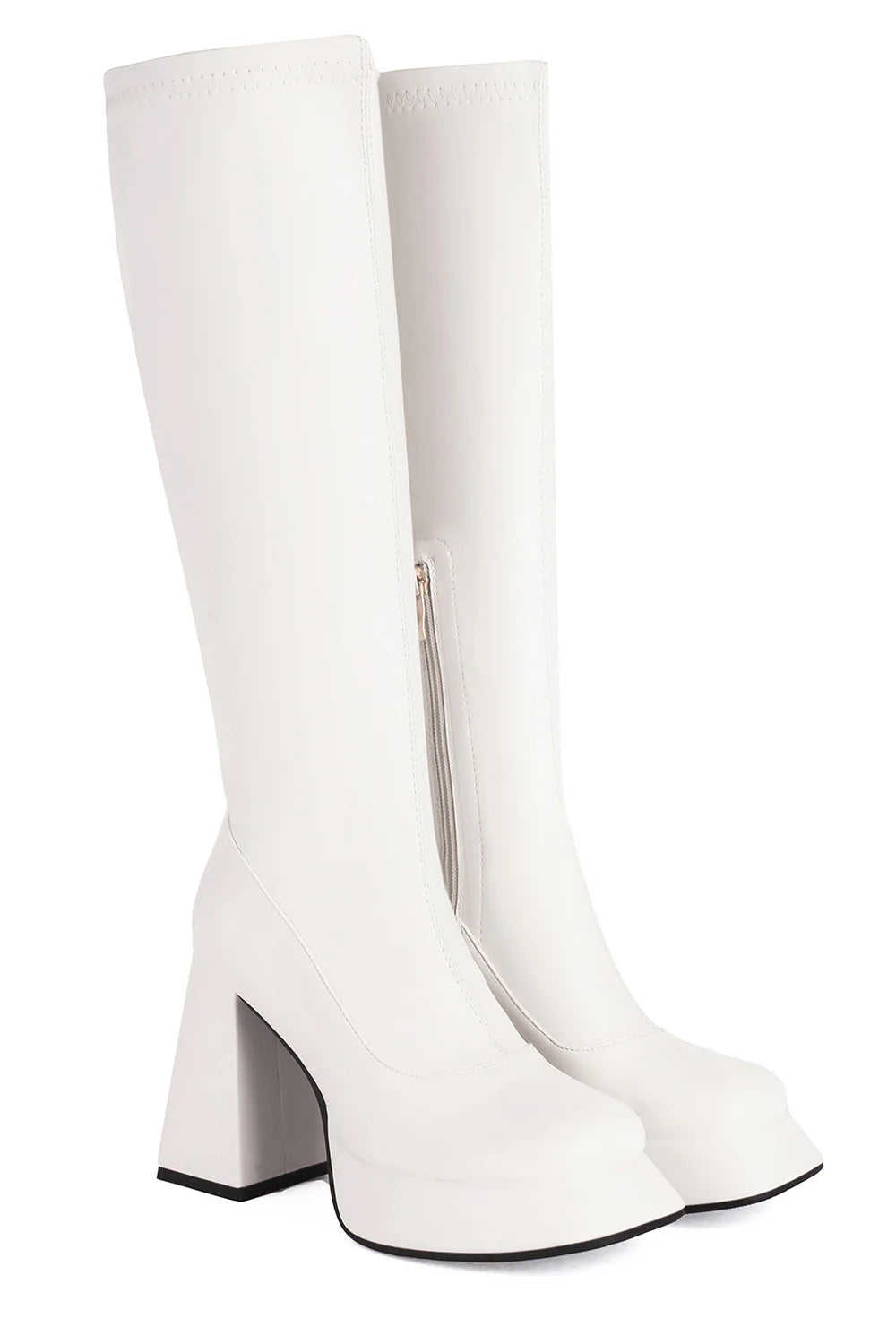 Sleek Black High Heel Knee High Boots with Chunky Block Heel and Side Zipper