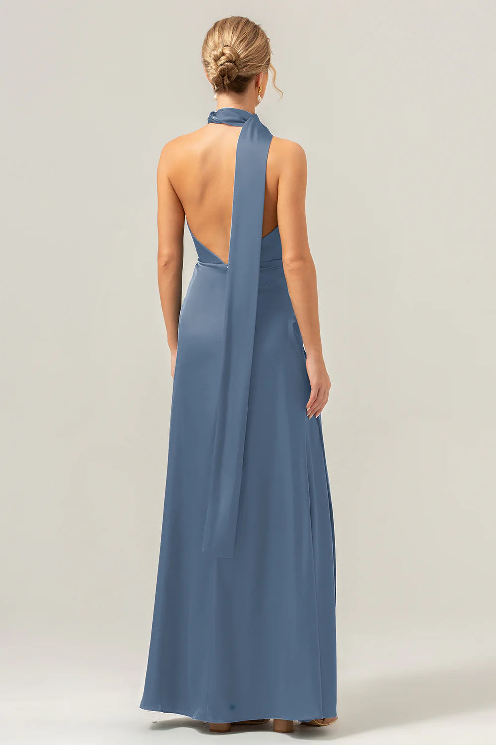 Peacock Sheath Deep V Neck Open Back Convertible Long Satin Bridesmaid Dress with Streamer