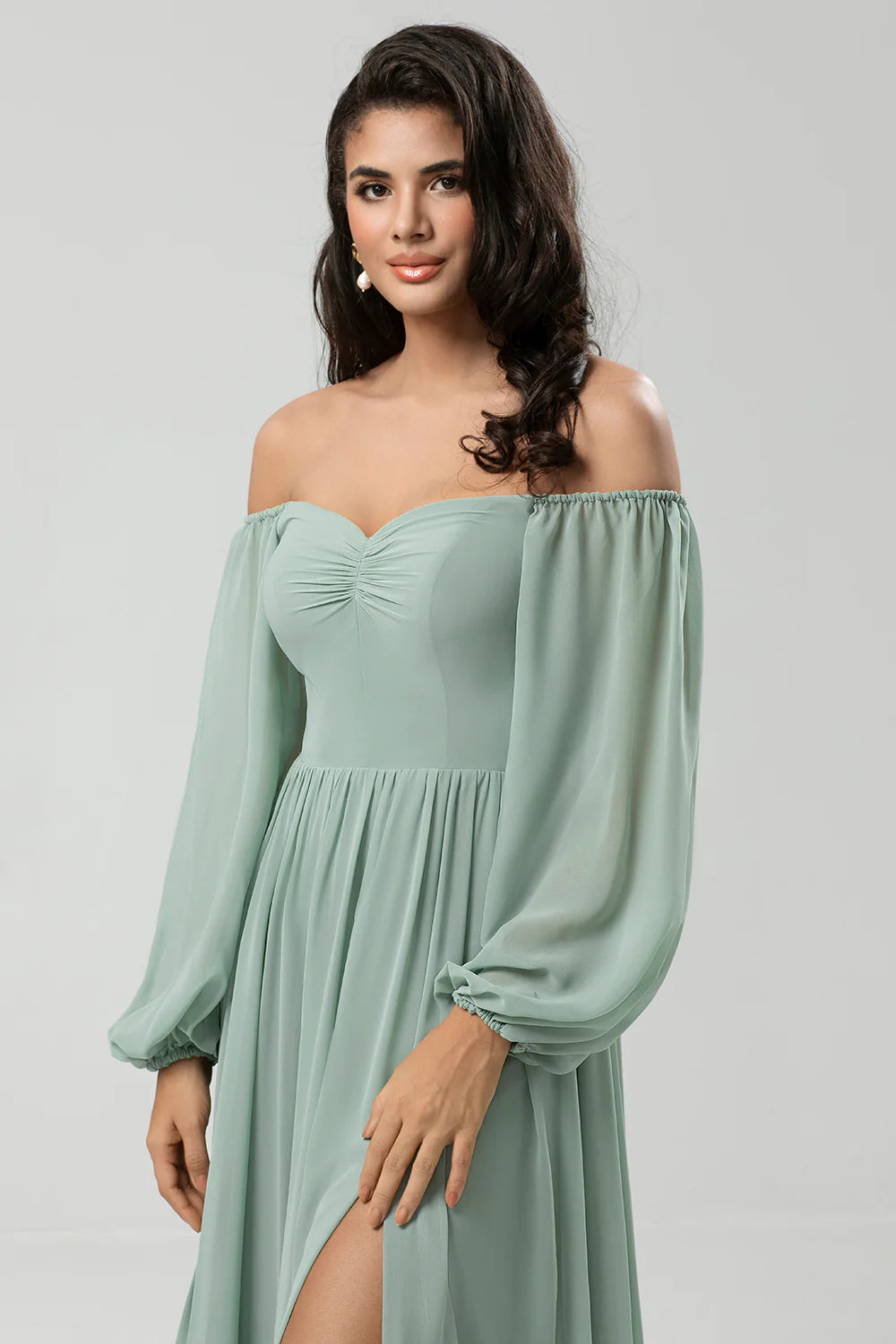 Matcha A Line Off The Shoulder Chiffon Bridesmaid Dress with Slit