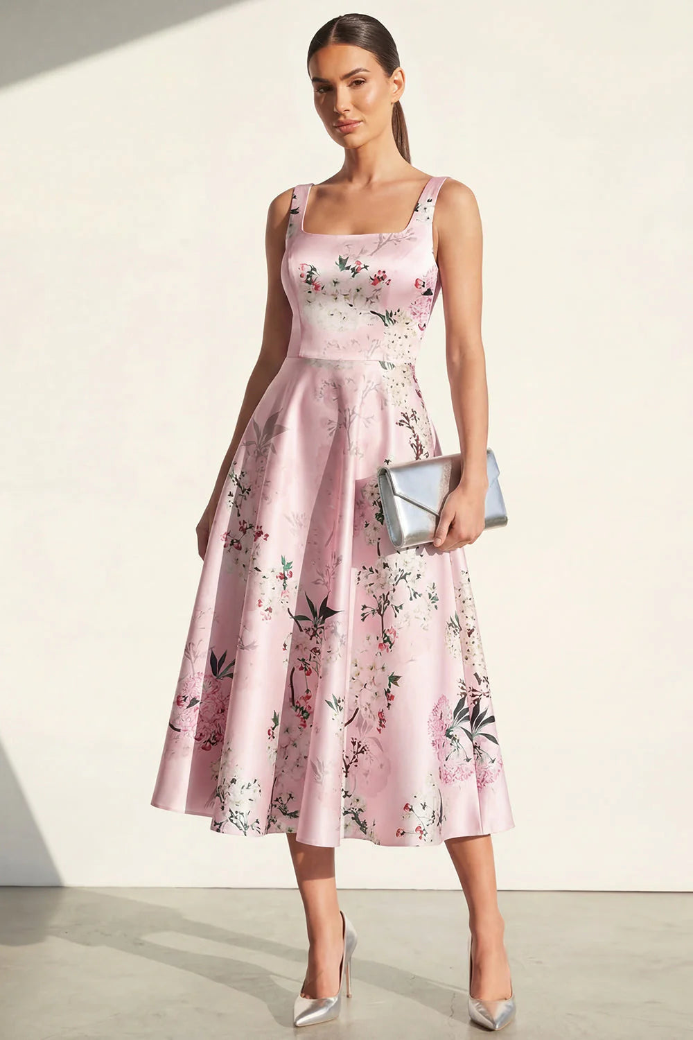 Pink Printed Satin A Line Midi Wedding Guest Dress