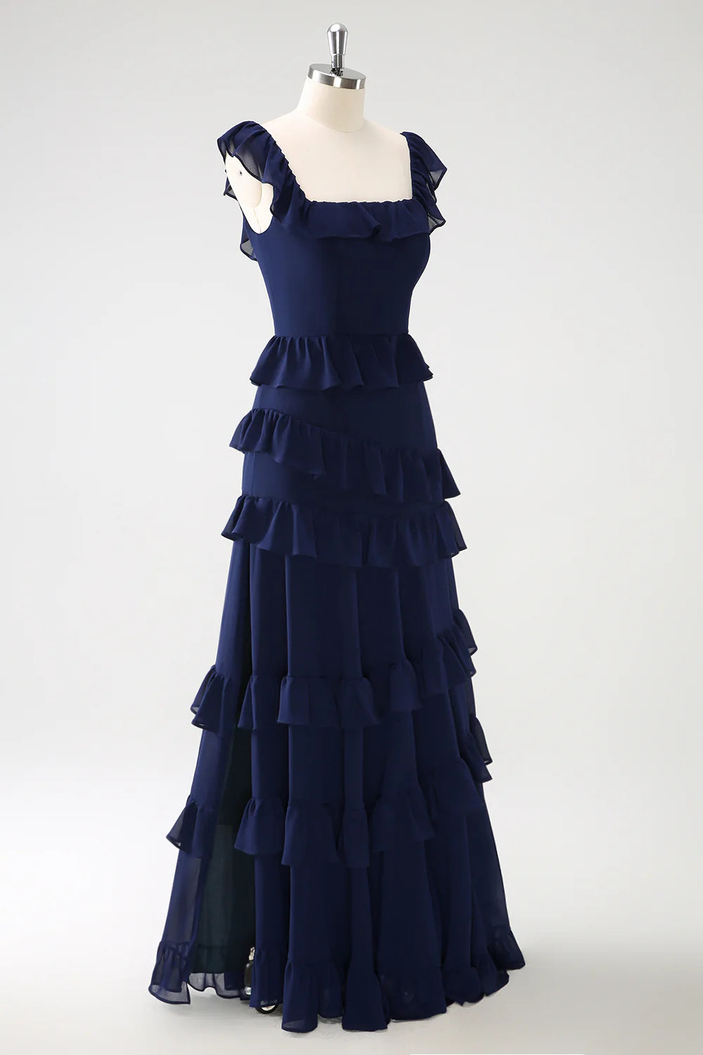 Dark Navy A Line Square Neck Tiered Long Chiffon Bridesmaid Dress with Ruffles