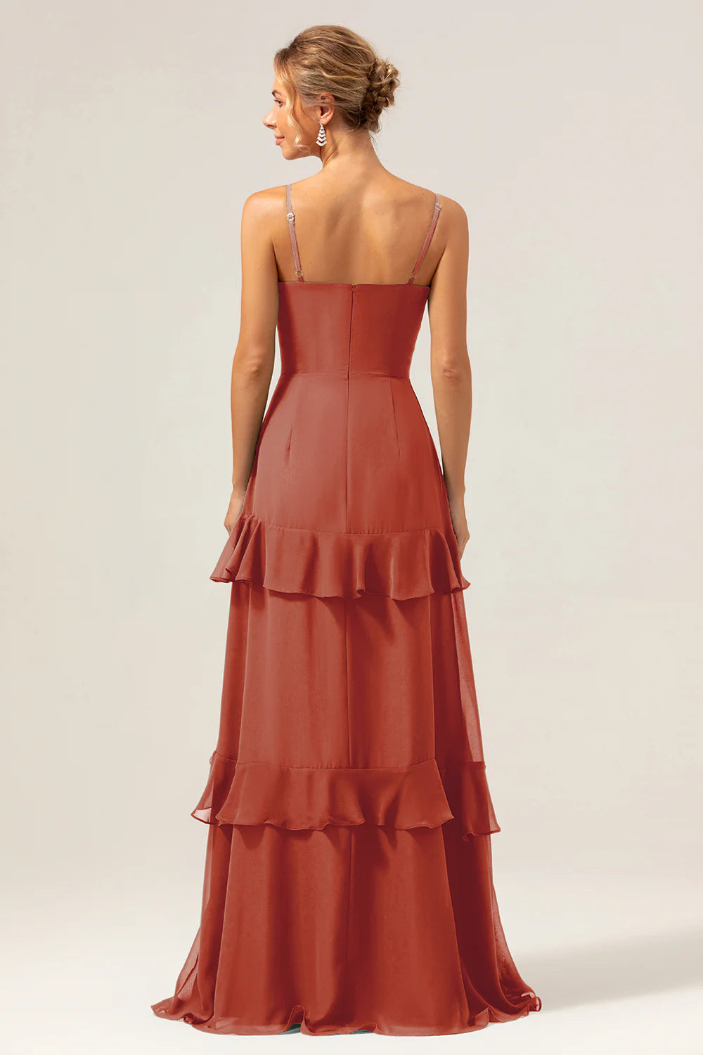 Dark Green A Line Spaghetti Straps Ruffled Chiffon Floor Length Bridesmaid Dress with Slit