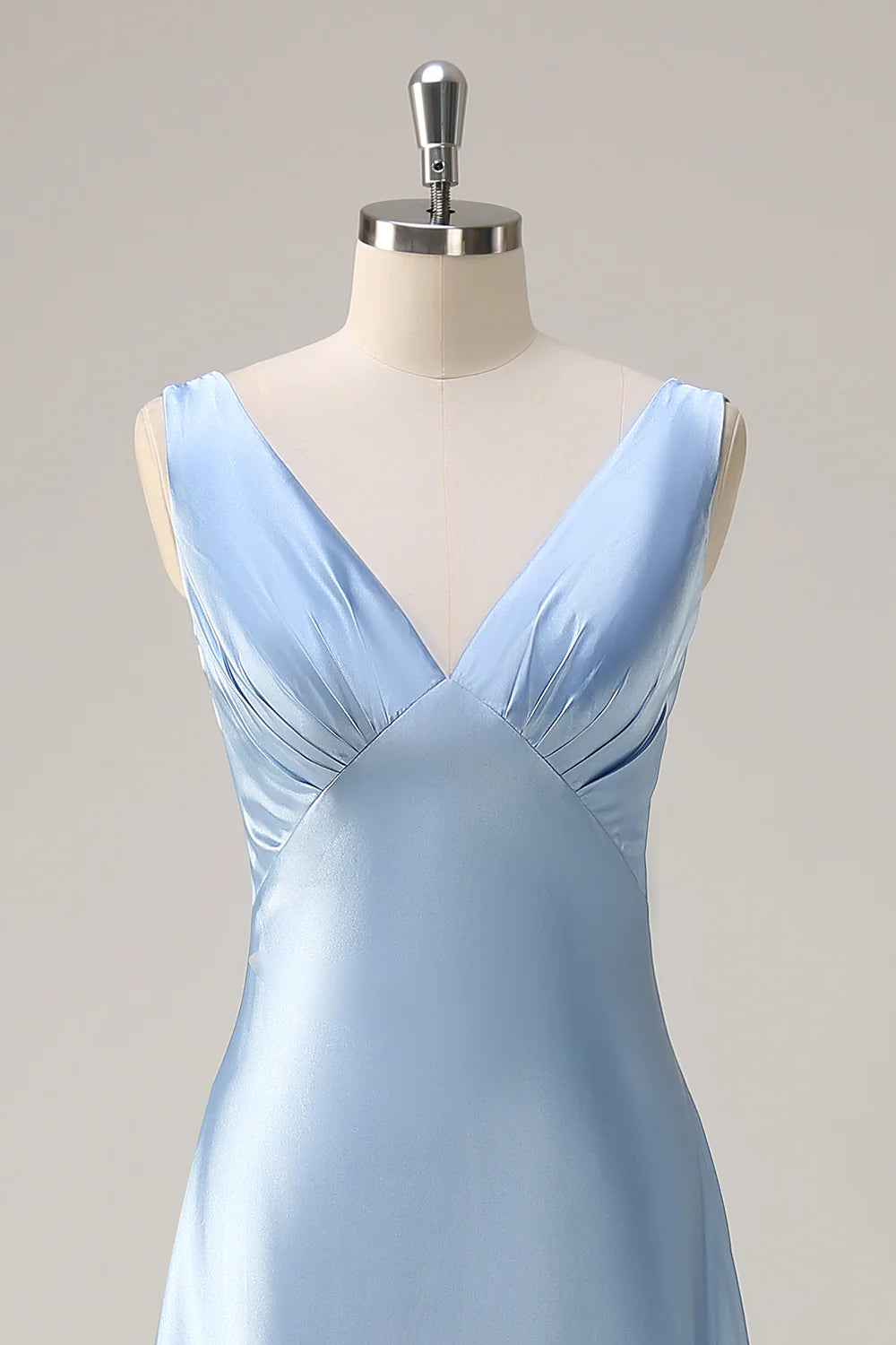 Sky Blue A Line V Neck Ruched Long Bridesmaid Dress