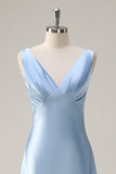 Sky Blue A Line V Neck Ruched Long Bridesmaid Dress