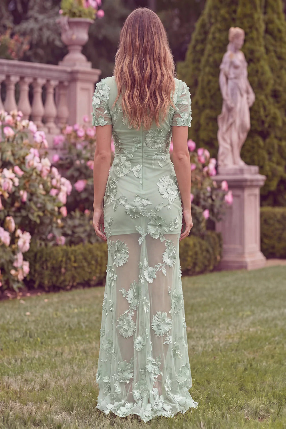 Sage High Neck Mermaid Floral Wedding Guest Dress with Short Sleeves