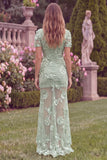 Sage High Neck Mermaid Floral Wedding Guest Dress with Short Sleeves