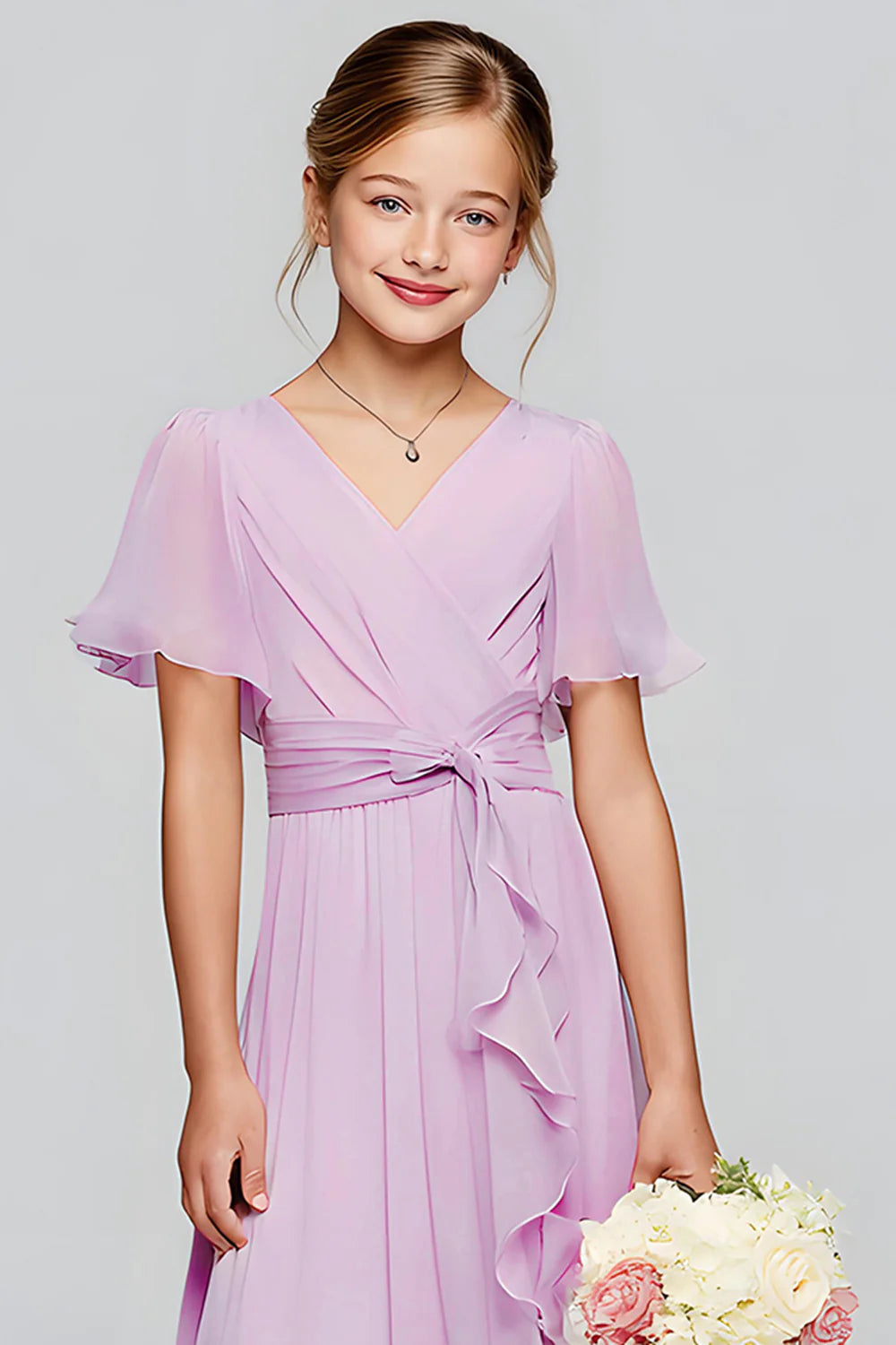 Purple A Line Chiffon Ruffled Long Junior Bridesmaid Dress