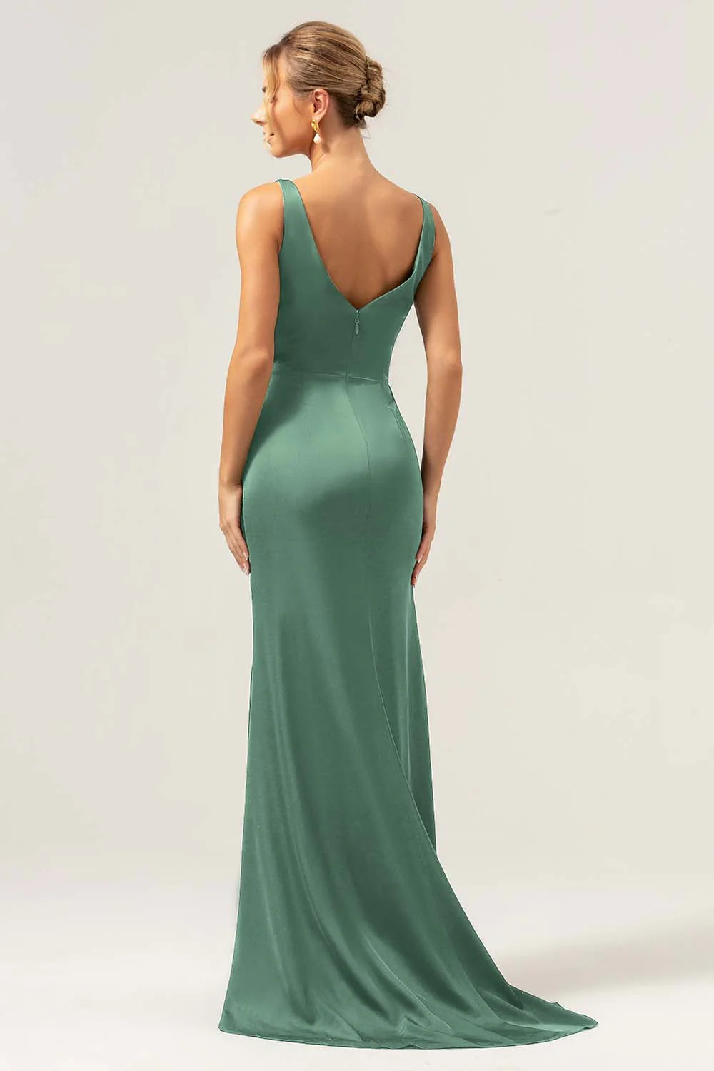 Burgundy Mermaid V Neck Ruched High Low Long Satin Bridesmaid Dress with Slit