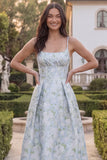 Blue White Flower A Line Square Neck Midi Wedding Guest Dress