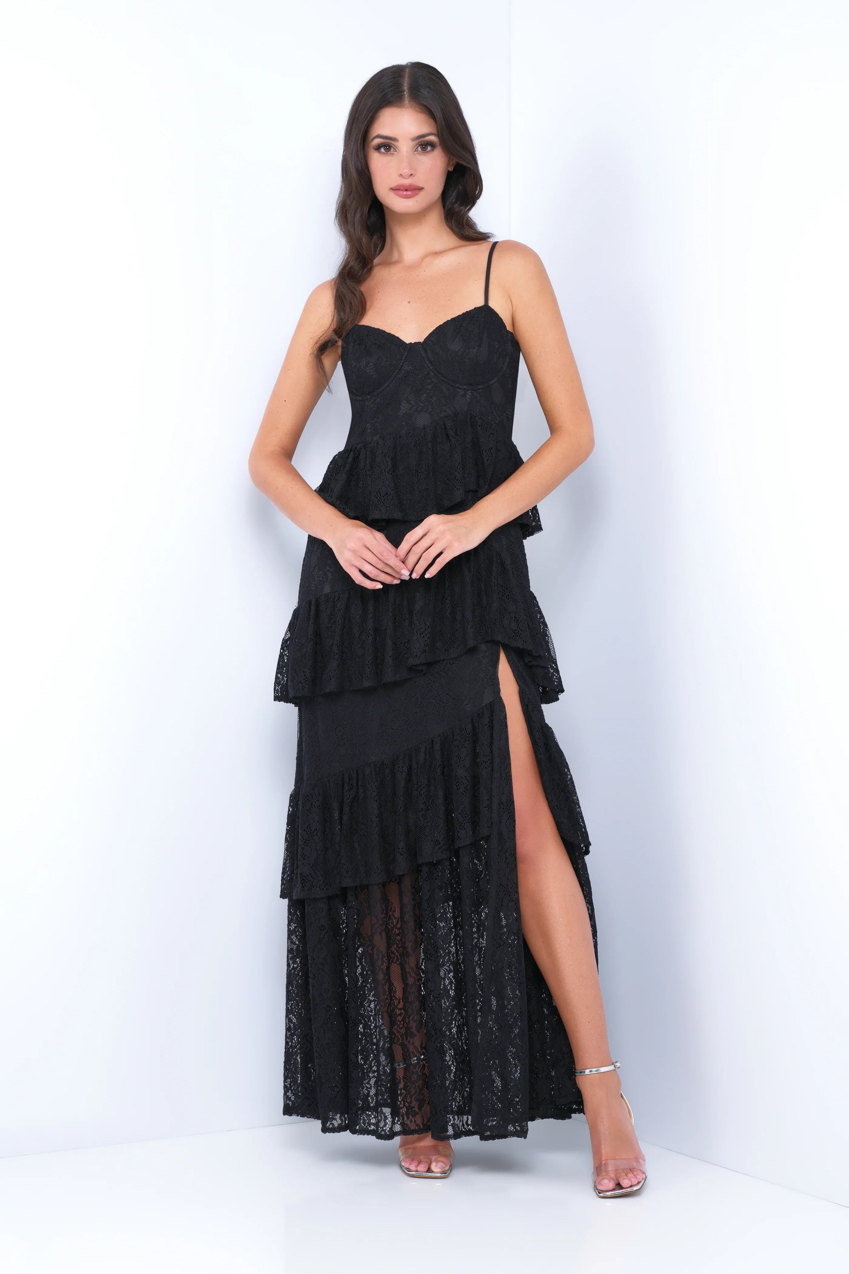 Vanna Lace Tiered Maxi Dress Black