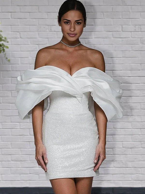 Sheath Glitter Short Off the Shoulder Wedding Dress With Lace Up Back