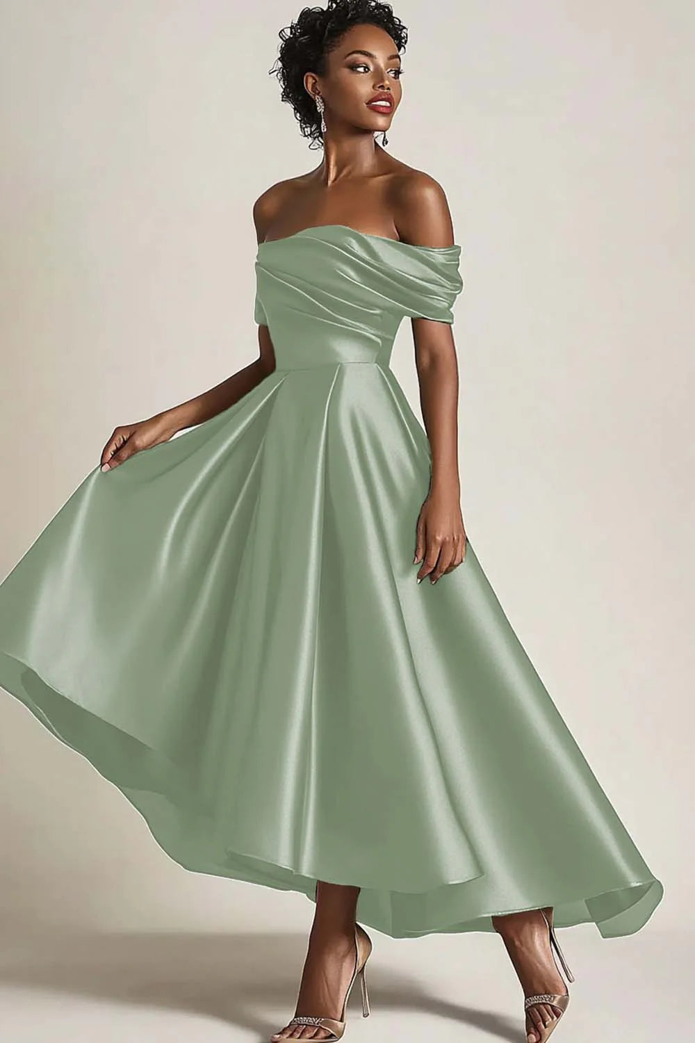 Olive A Line Off the Shoulder Ruched Satin Long Mother of the Bride Dress