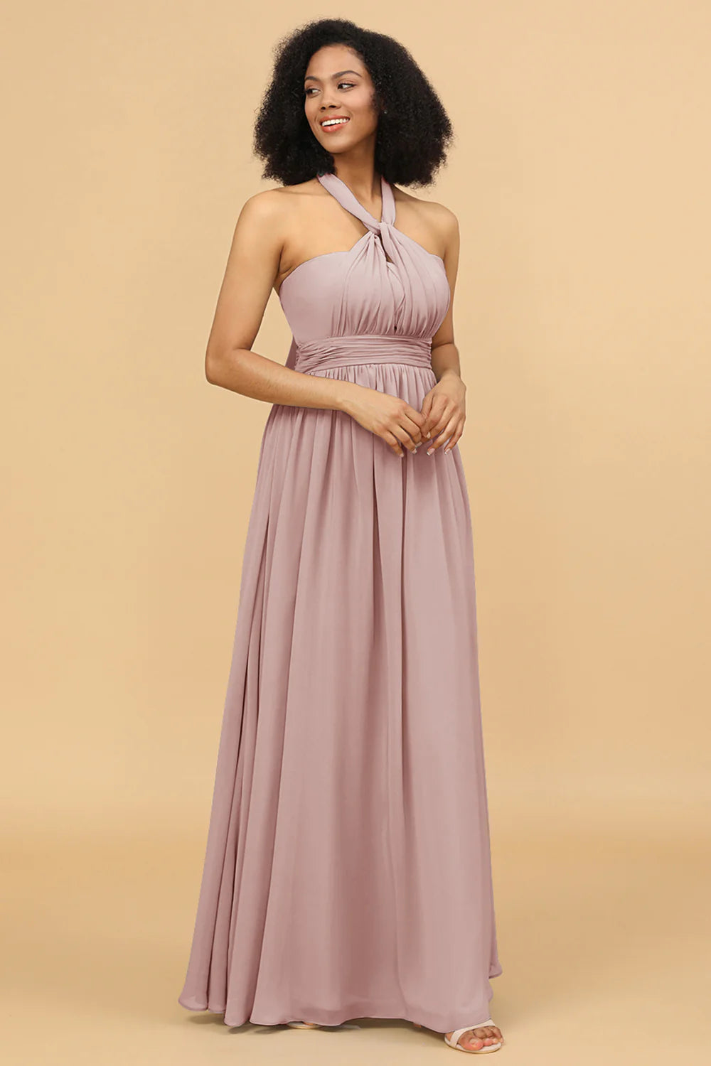 A Line One Shoulder V Neck Halter Neck Floor Length Grey Blue Bridesmaid Dress