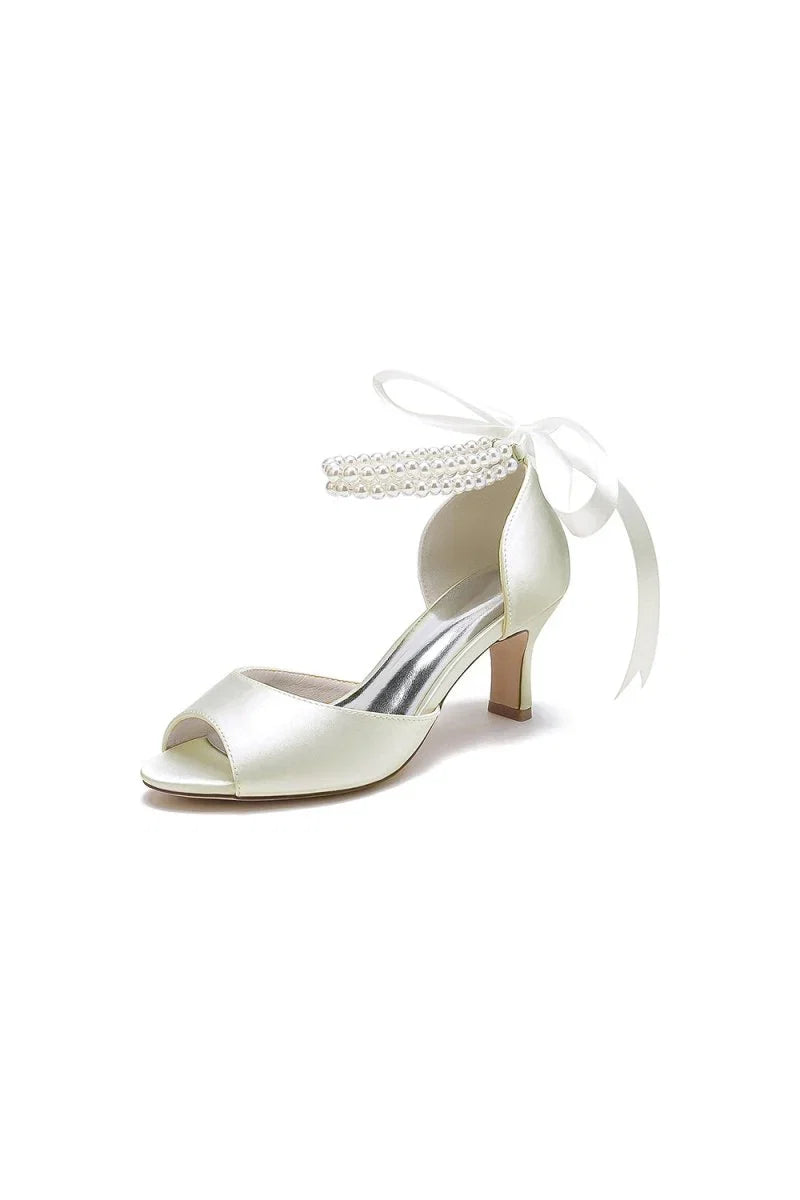 Chic White Satin Heels Featuring a Pearl Embellished Bow