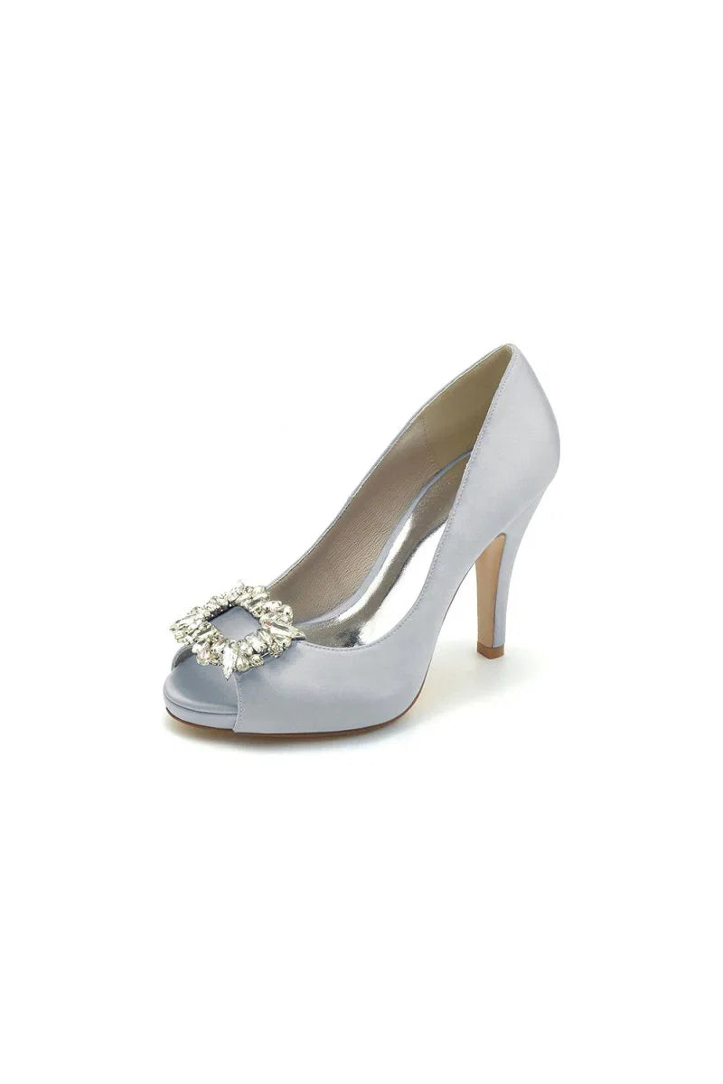 Peep Toe Slip on Stiletto Heels With Rhinestone