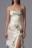 Floral Printed Ivory Ruched Long Formal Dress with Slit