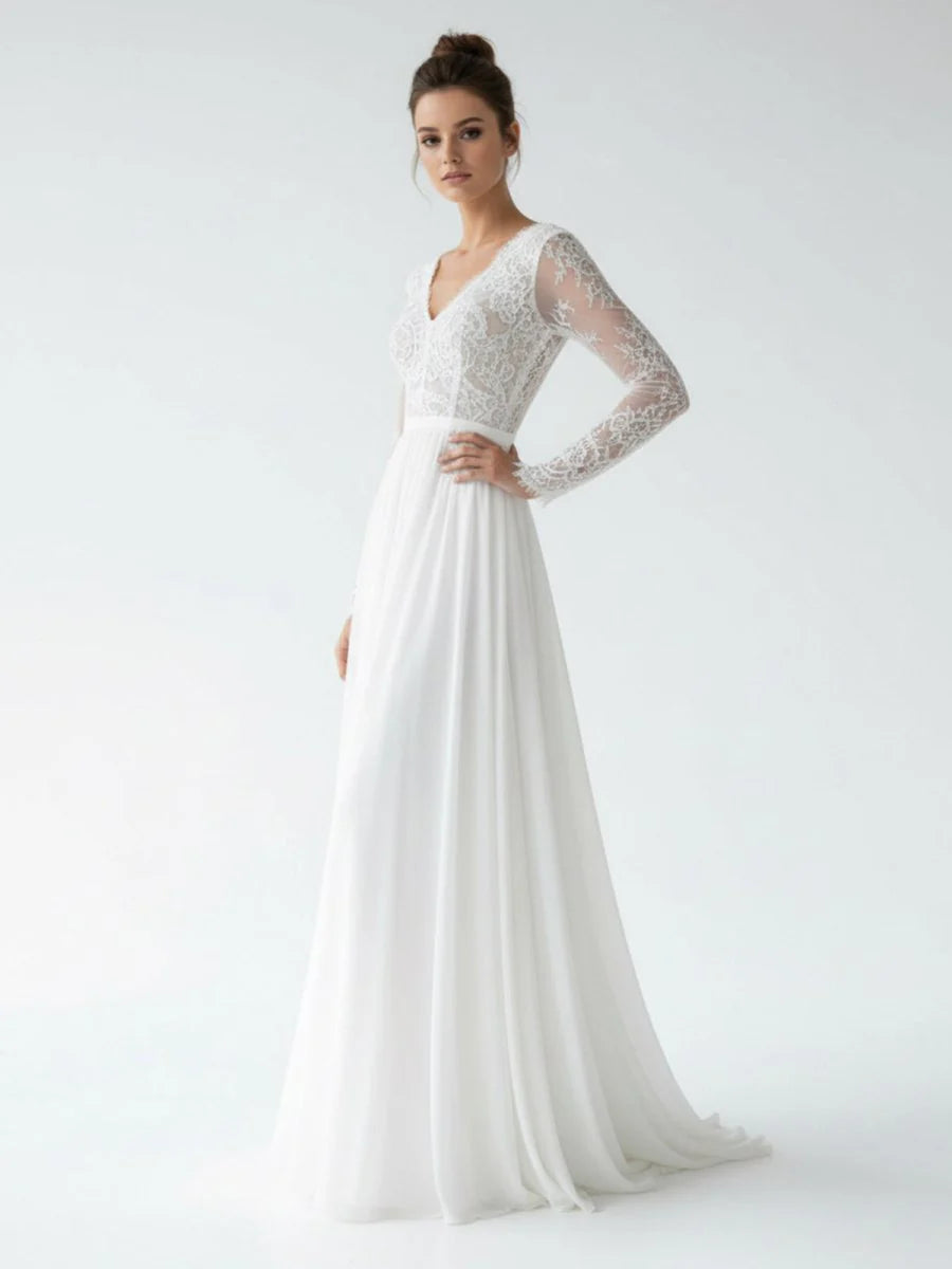 Romantic Modern A Line Floor length Chiffon Lace V neck Long Sleeve Wedding Dress