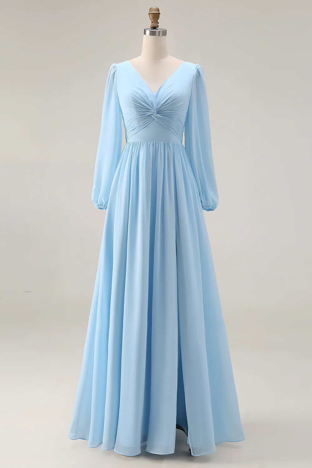 Sky Blue Ruched A Line V Neck Long Sleeve Bridesmaid Dress with Slit