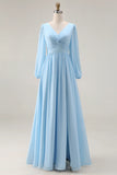 Sky Blue Ruched A Line V Neck Long Sleeve Bridesmaid Dress with Slit