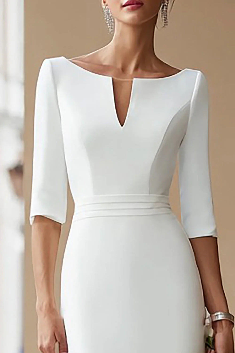 Sheath Ivory Bateau Neck Midi Courthouse Wedding Dress With Half Sleeves