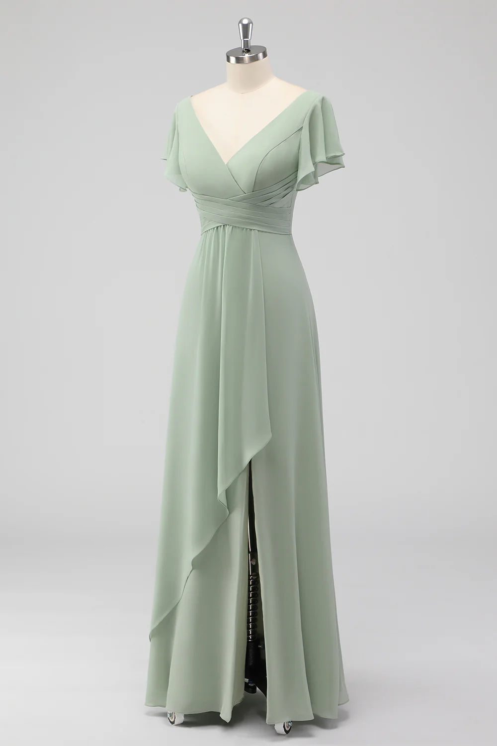 Sage Green A Line V Neck Chiffon Long Bridesmaid Dress with Slit