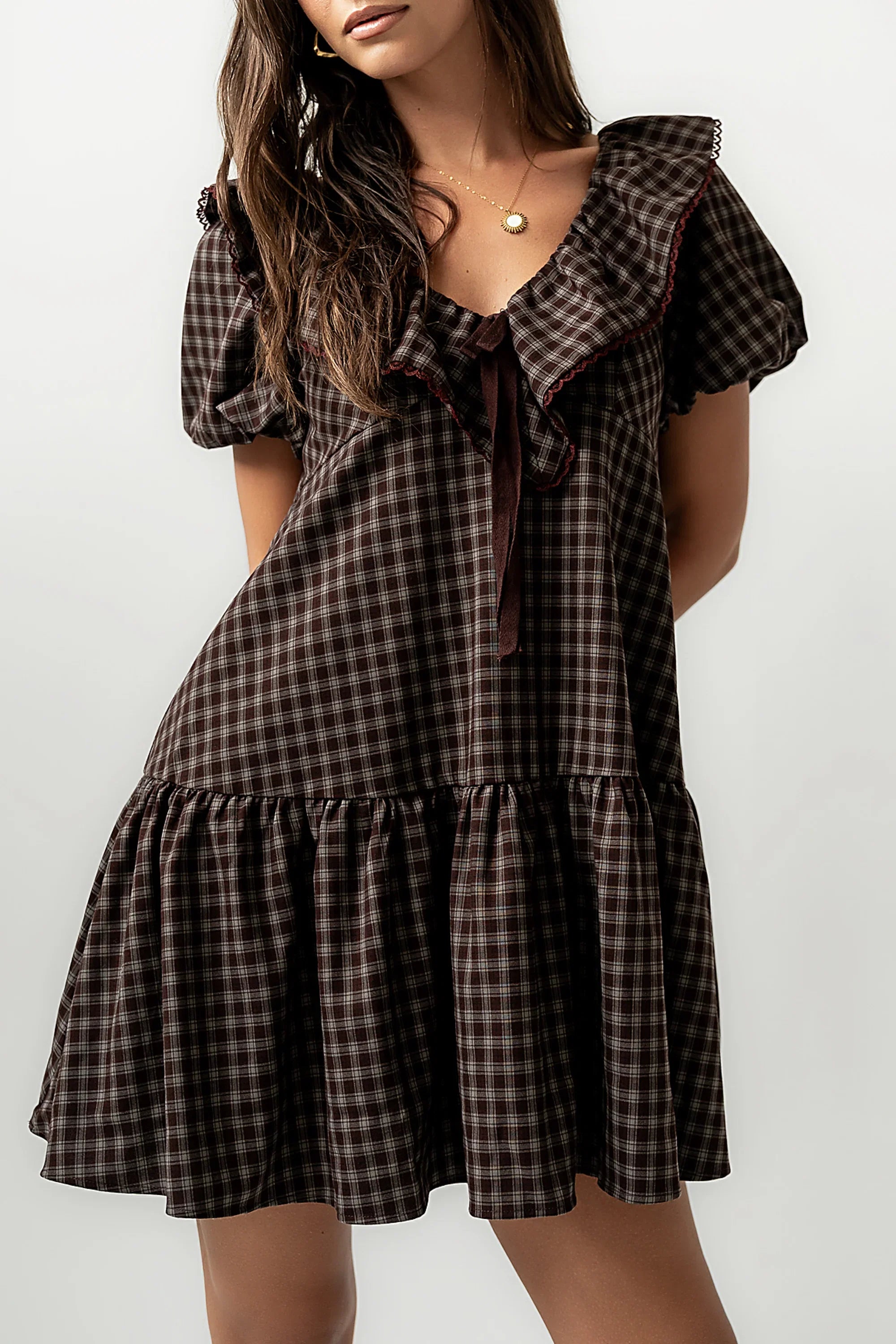 Tony Gingham Baby Doll Dress in Brown FINAL SALE