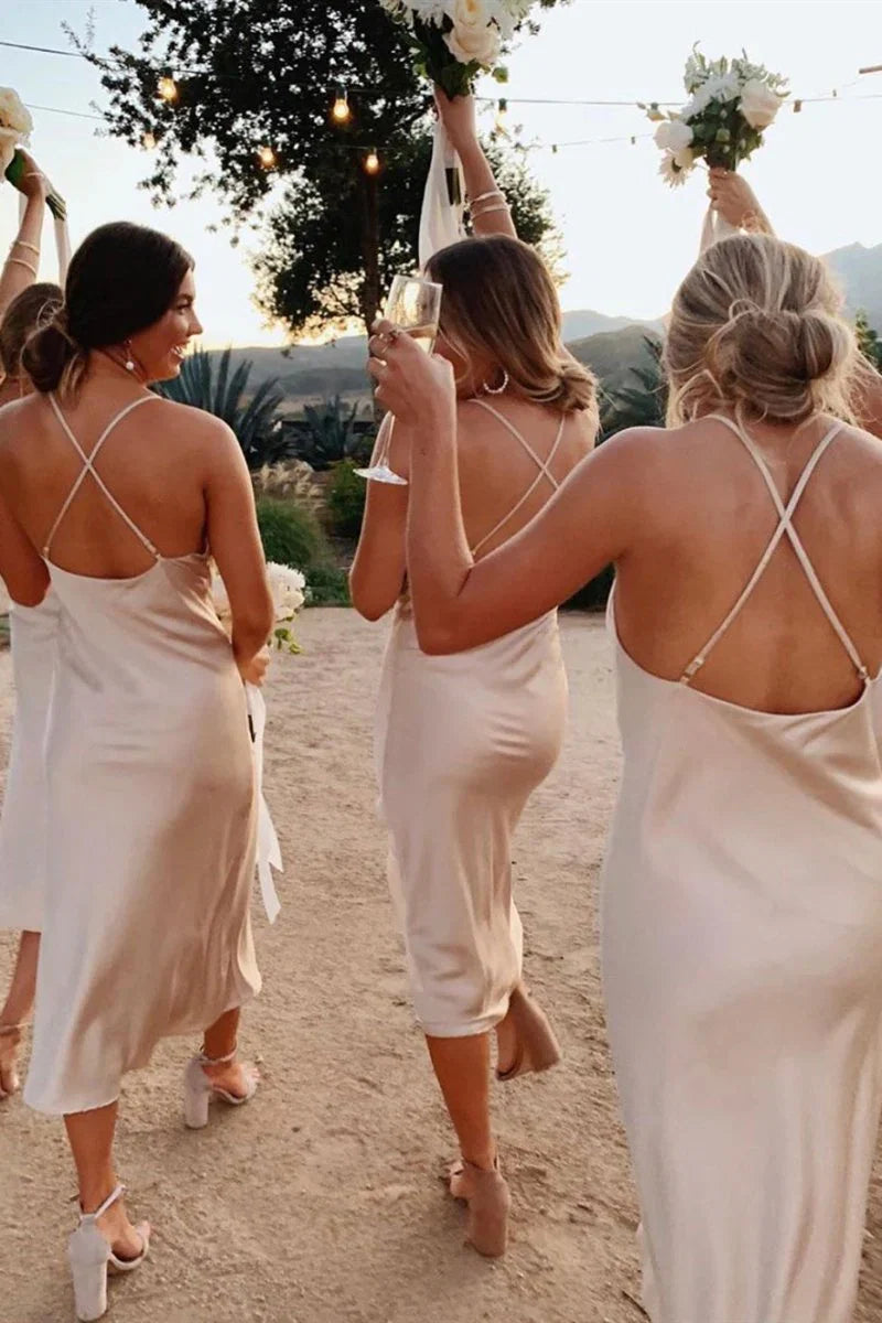 Spaghetti Straps Cowl Neck Tea Length Champagne Sheath Bridesmaid Dress