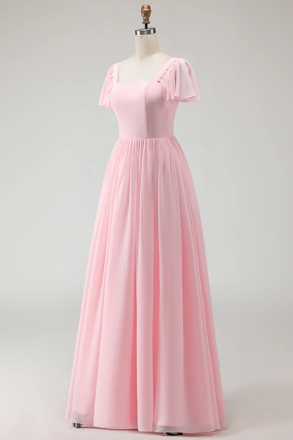 Candy Pink A Line Flutter Sleeves Long Bridesmaid Dress with Lace Up Back